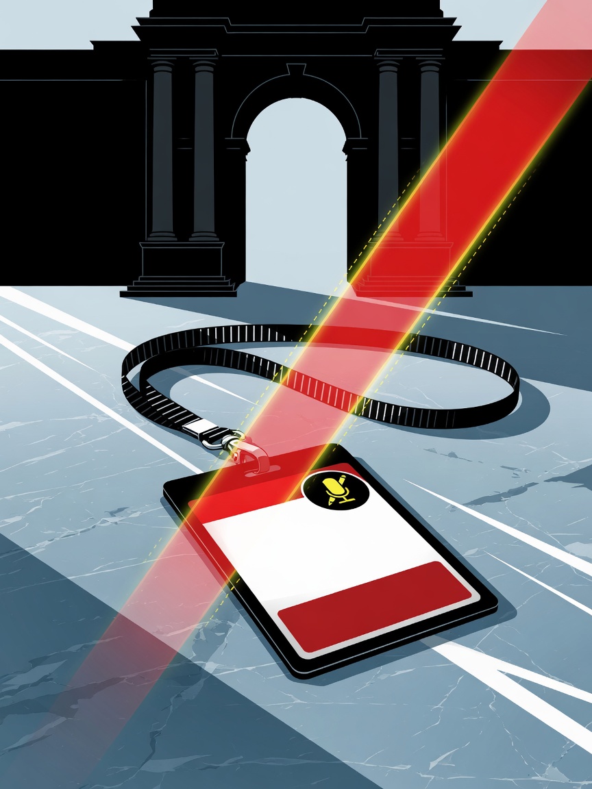 A press credential badge on a surface under a red scanner light, with a government building archway silhouette behind it