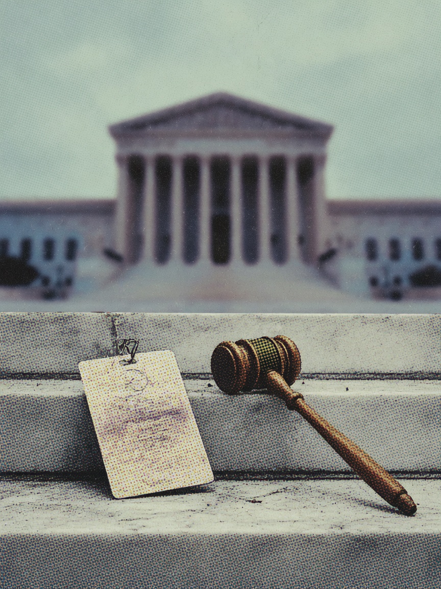 Illustration of a press badge and gavel on courthouse steps with a government building silhouette in the background.