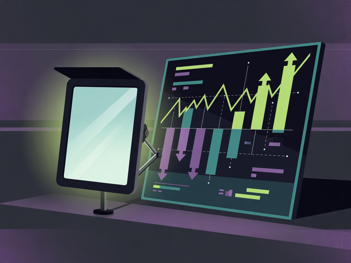 Illustration of a teleprompter panel beside an abstract digital trading board with fluctuating bars.
