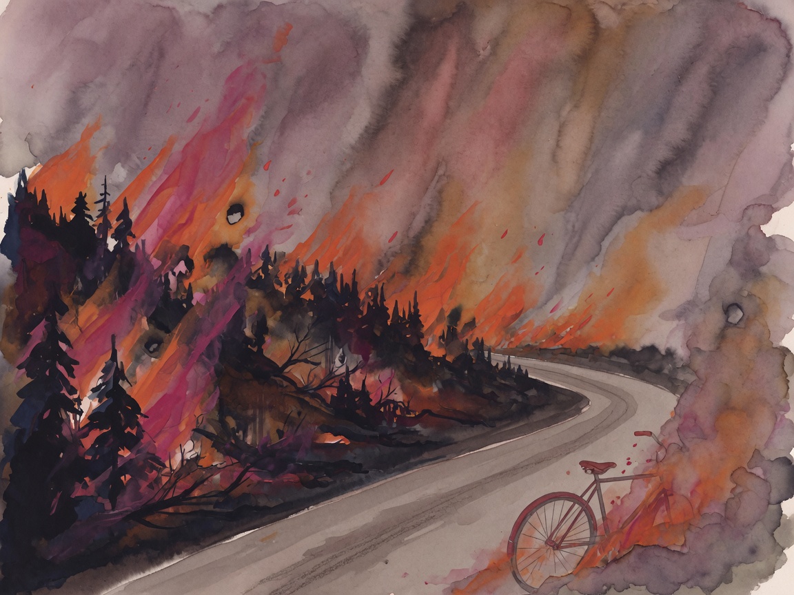 Illustration of wildfires burning through a forest with a road and bicycle wheel visible through the smoke.