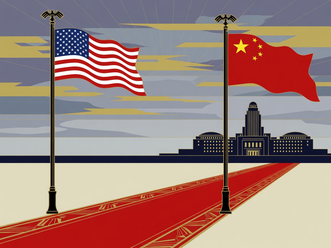 American and Chinese flags on a red carpet with a government building silhouette in the background.
