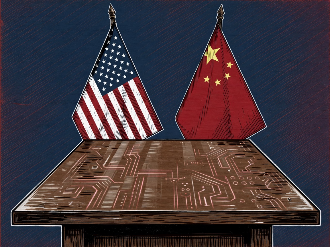 Illustration showing American and Chinese flags on opposite sides of a conference table with glowing circuit patterns underneath.