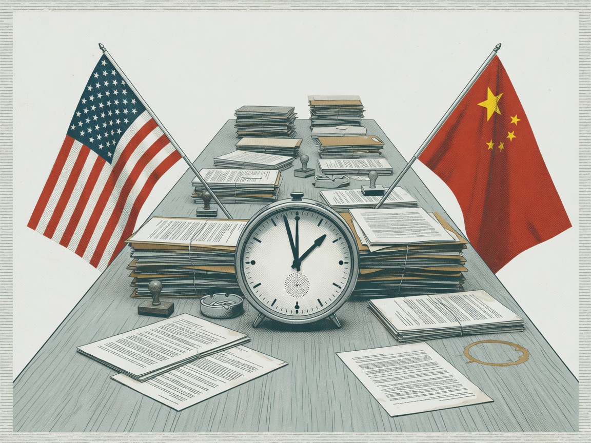 Two flags flanking a negotiation table stacked with papers and a clock.