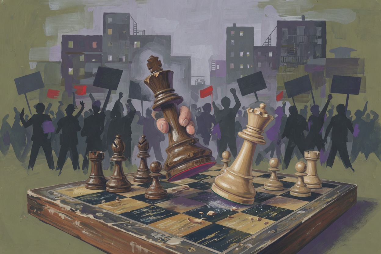 Chess pieces on a board with one piece replacing another, against a backdrop of abstract protest silhouettes.