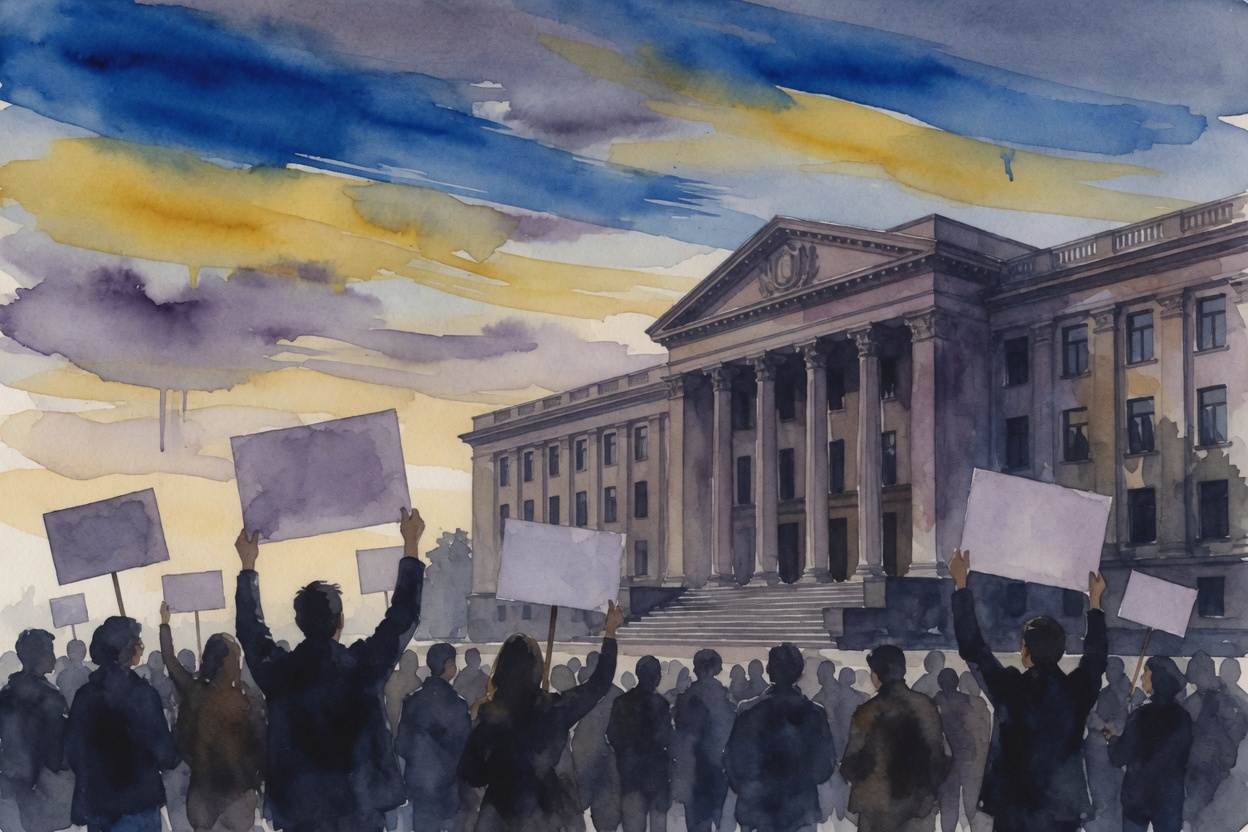 Silhouetted protesters holding signs outside a government building at dusk under a blue-and-yellow sky.