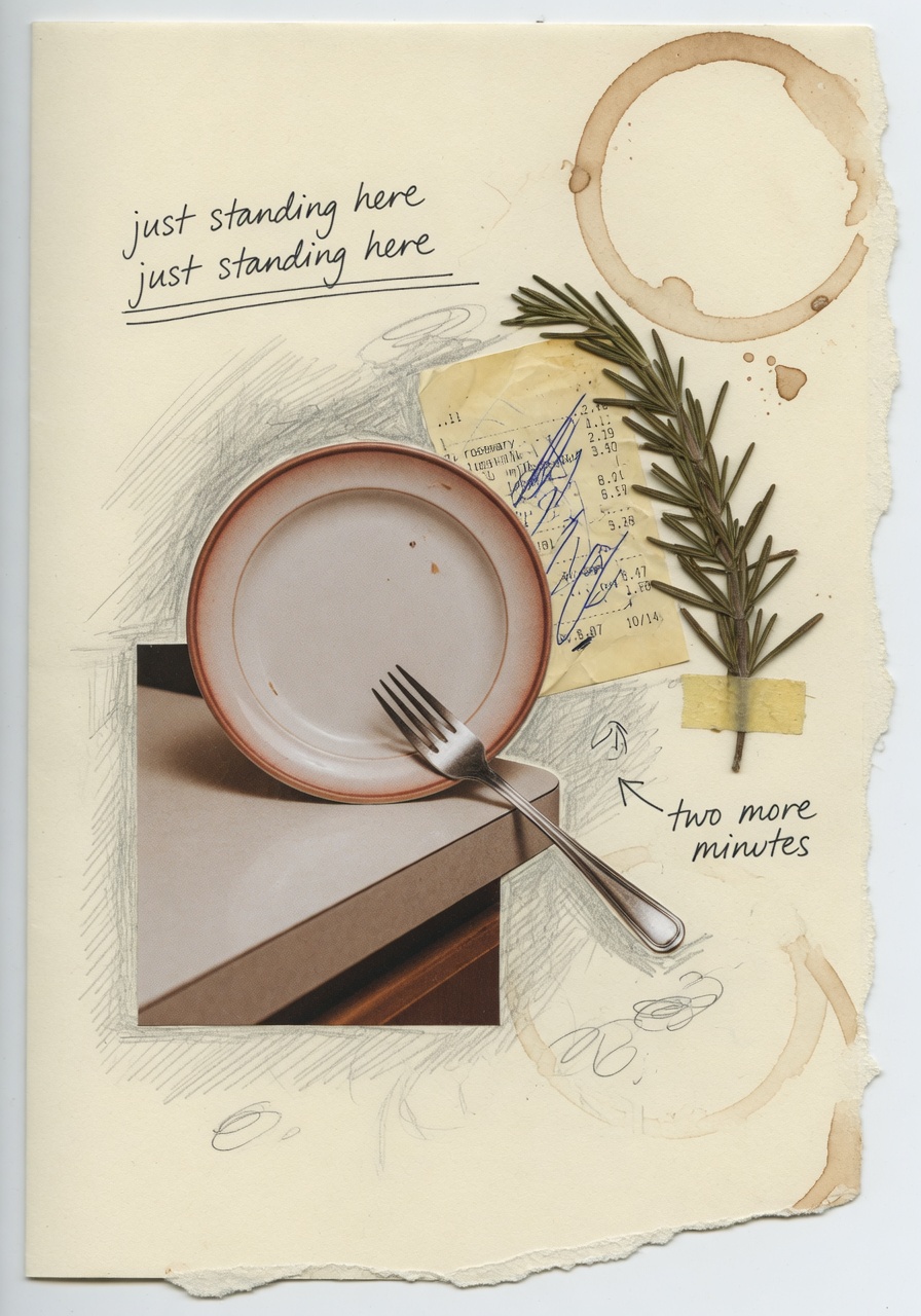 Torn-paper journal page collage. An empty plate sits on a kitchen counter with a fork at an angle, a scrap of receipt and a pressed sprig of rosemary glued beside it, with handwritten ink margin notes and a faint coffee ring at the corner.