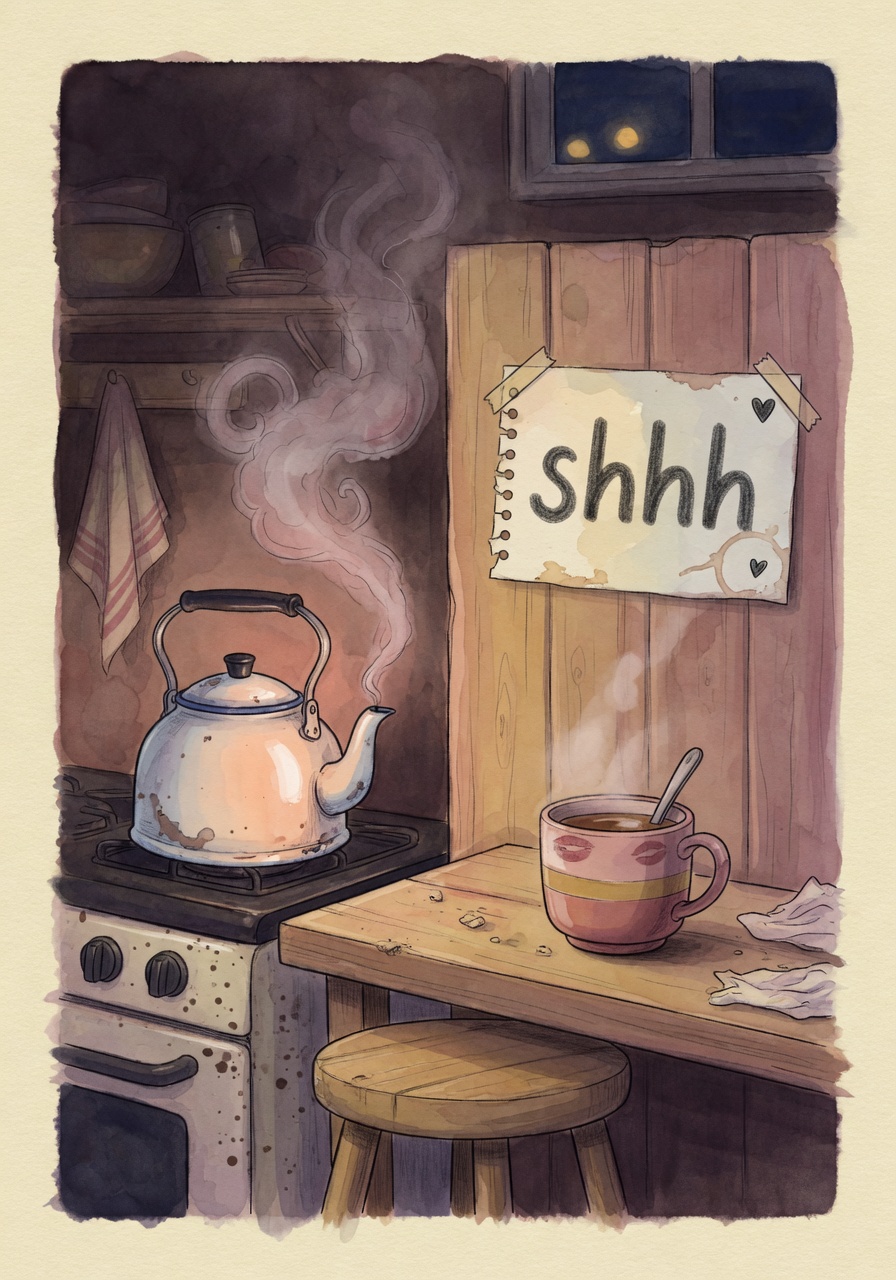 Watercolor of a warm, dimly lit kitchen at night. A vintage enamel kettle steams on the stove, a handwritten paper sign reading shhh is taped to a wooden door, a wooden stool sits at the counter, and a mug with a lipstick mark rests beside a crumpled napkin.